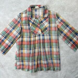 Vintage 70s Donnkenny Plaid Tunic 3/4 Sleeve Boho Hippie Blouse Smock Sz M